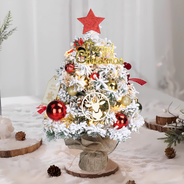 16 in Snow Flocked Pre-lit Artificial Mini Christmas Tree, Tabletop Small Xmas Pine Tree with Ornaments and 30 Warm Lights Battery Operated and Cloth Bag Base for Home Office Store Holiday Deco, Snowy