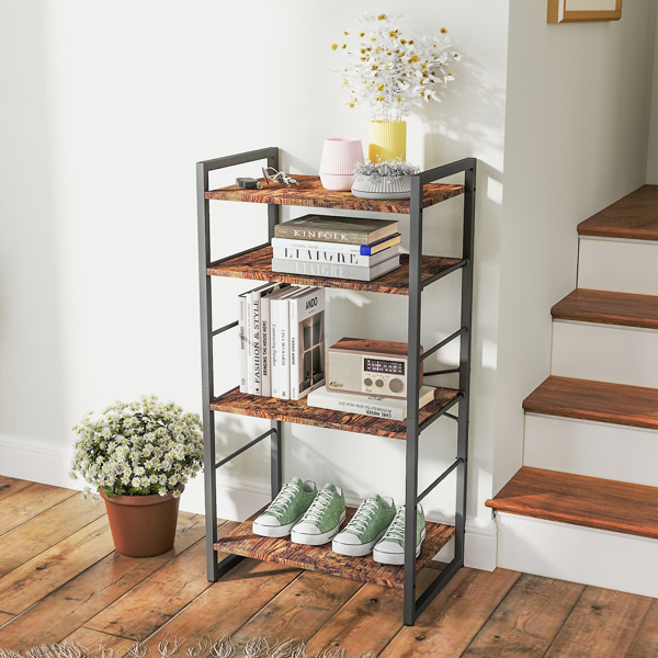 Small Bookshelf 4-Tier Bookcase, Metal Bookshelf for Study, Bedroom, Living Room and Kitchen, Height Adjustable (Brown)