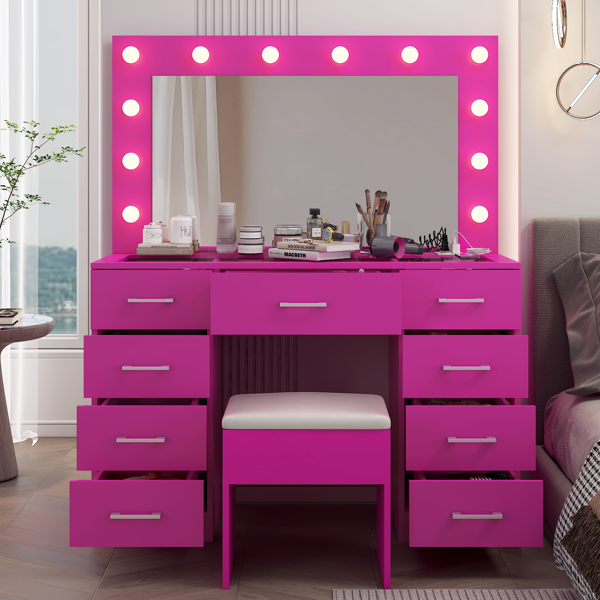 Vanity Desk Set with Large Lighted Mirror and Powre Outlet, Glass Top Makeup Vanity with 9 Drawers, Vanity Table with 12 LED Lights, 3 Lighting Color Adjustable, Pink