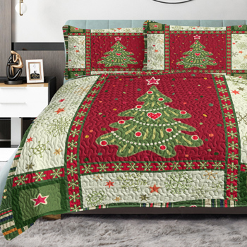 3 Piece Cute Christmas Tree Quilt Set Red Green Queen Size Snowflakes Pattern Bedspread Lightweight Coverlet Summer Comforter Set Bed Cover (1 Quilt+ 2 Shams)