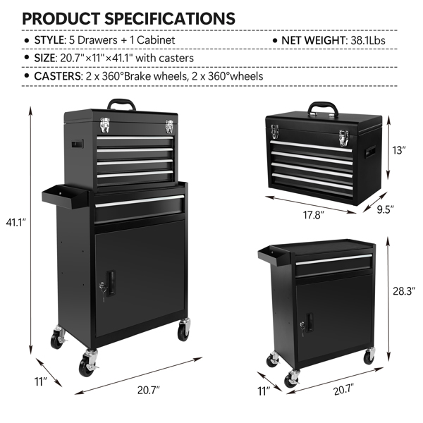 Rolling Garage Workshop Organizer Detachable 5 Drawer Tool Chest with Large Storage Cabinet, Detachable Tool Box Organizer Black