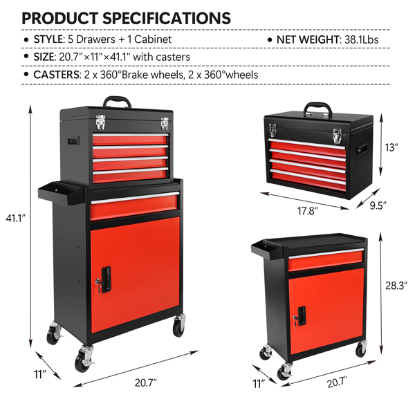 Tool Chest, 5-Drawer Rolling Tool Storage Cabinet with Detachable Top Tool Box, Liner, Universal Lockable Wheels, Locking Mechanism, Metal Tool Cart for Garage Workshop