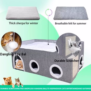 Cat Houses for Indoor Cats-Large Collapsible Large Cat Bed with Fluff Ball and 2 Caves,Cat Hideout with Canopy,Semi-Enclosed Cat Bed Cat House Covered Cat Bed for Multi Small Pet Large Kitty