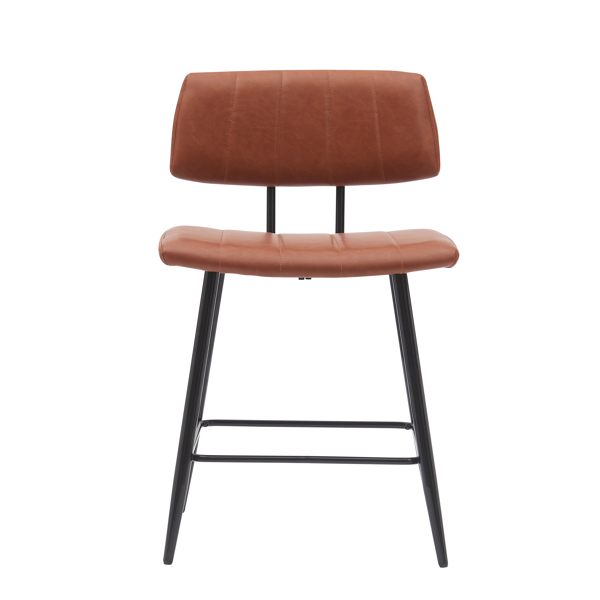 Counter High bar stool 2 piece set, padded bar stool with backrest and metal legs, high seat height, faux leather saddle brown