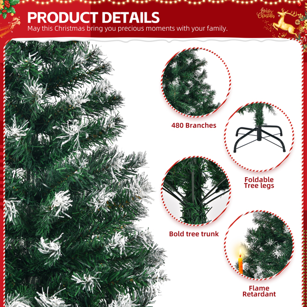 5 FT Artificial Snow Tipped Christmas Tree, Unlit Christmas Pine Tree with 480 Branch Tips and Sturdy Metal Stand for Office Home Store Party Holiday Decor, Green & Snow Tipped