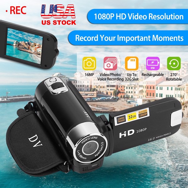 HD 1080P Digital Video Camcorder 2.7in 16X Zoom DV Camera 270° Rotation Rechargeable Kid Camera w/Fill Light Selfie