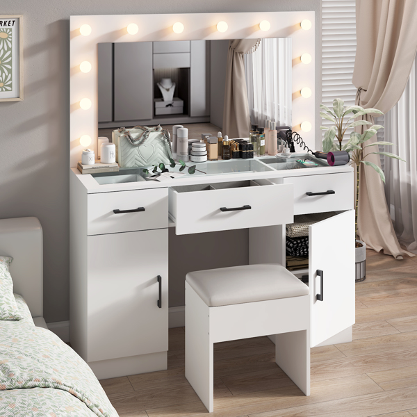 Vanity Desk Set with Large Lighted Mirror and Powre Outlet, Glass Top Makeup Vanity with 3 Drawers and 2 Cabinets, Vanity Table with 12 LED Lights, 3 Lighting Color Adjustable, White