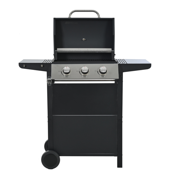 Propane Gas Grill 3 Burner Barbecue Grill, Stainless Steel 26,000 BTU Patio Garden Barbecue Grill with Two Shelves, Lid, Wheels and Bottle Opener