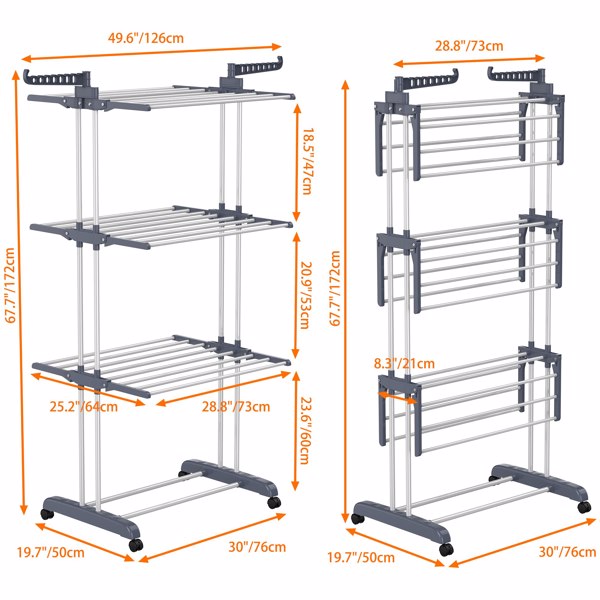 Clothes Drying Rack, Oversized 4-Tier(67.7" High) Foldable Stainless Steel Drying Rack Clothing, Movable Drying Rack with 4 castors, 24 Drying Poles and 14 Hooks for Bed Linen, Clothing, Grey