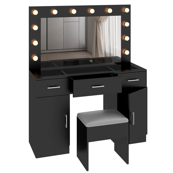 Vanity Desk Set with Large Lighted Mirror and Powre Outlet, Glass Top Makeup Vanity with 3 Drawers and 2 Cabinets, Vanity Table with 12 LED Lights, 3 Lighting Color Adjustable, Black