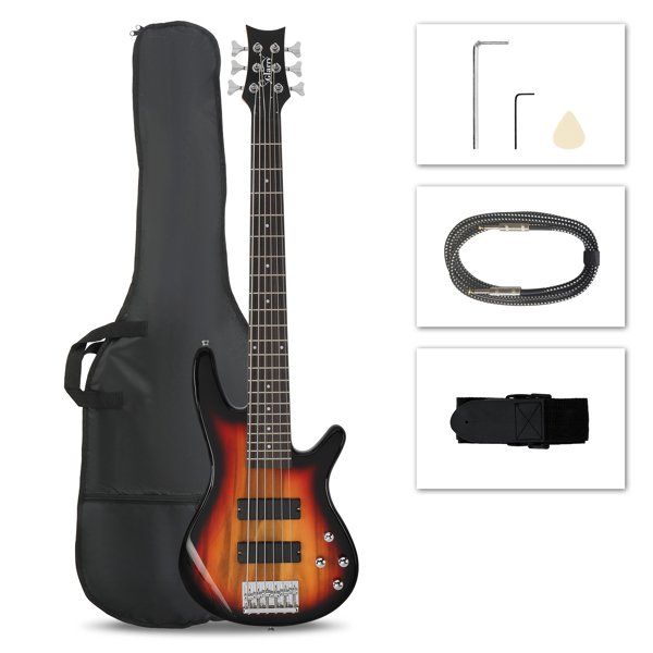 Glarry Full Size GIB 6 String H-H Pickup Electric Bass Guitar Bag Strap Pick Connector Wrench Tool Sunset Color