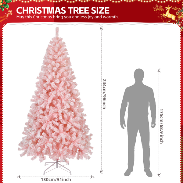 8 FT Pre-lit Snow Flocked Christmas Tree, Artificial Hinged Xmas Pine Tree with 1250 Branch Tips, 500 Lights and Remote Control for Holiday Party Office Home, Snowy Pink