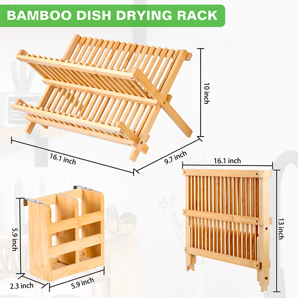 Collapsible 2-Tier Bamboo Dish Drying Rack – Foldable Wooden Dish Drainer with Utensil Holder, Space-Saving Dish Rack for Kitchen Countertop