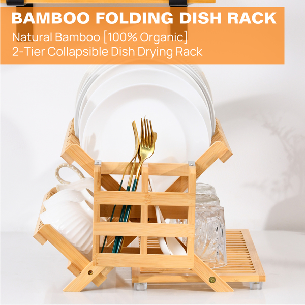 Bamboo Dish Rack, 3-Tier Foldable Wood Dish Drying Rack for Kitchen Counter – Space-Saving Organizer with Utensil Holder, Perfect for Small Kitchens and Apartments