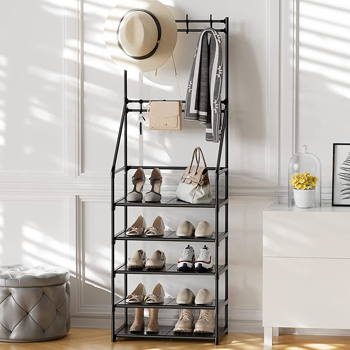 5-layer shoe rack, suitable for entrances, narrow shoe racks, jackets, and shoe racks, with 8 hooks