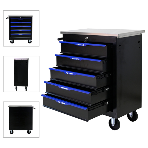 5 DRAWERS MULTIFUNCTIONAL TOOL CART WITH WHEELS-BLACK+BLUE