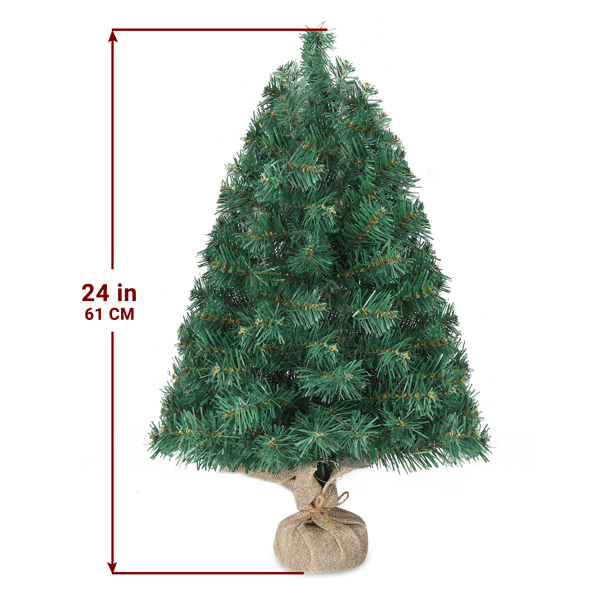 24 in Pre-lit Artificial Mini Christmas Tree, Tabletop Small Xmas Pine Tree with Ornaments and 30 Warm Lights Battery Operated and Paper Wrapped Base for Home Office Store Holiday Deco, Green