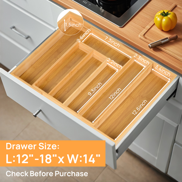 Expandable Bamboo Kitchen Drawer Organizer – Adjustable Cutlery Tray for Utensils, Silverware, and Flatware – 5 to 7 Slots Bamboo Drawer Divider for Kitchen Storage (Natural Wood)	