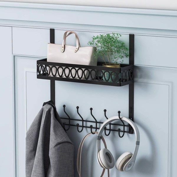 Over The Door Hooks Hanger For Clothes, Over The Door Towel Rack With Basket, Coat Hanger Over Door Bathroom Organizer, Black