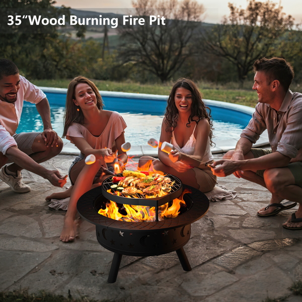 35 Inch Outdoor Wood Burning Fire Pits, Metal Round Bonfire Firepit with Grill Grate for Backyard, Patio