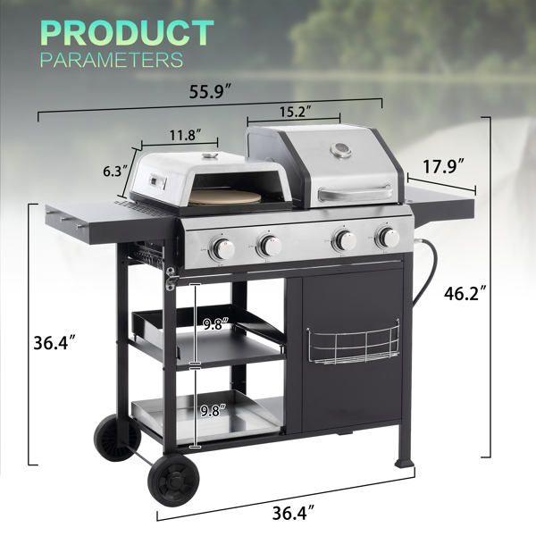 2+2 Multi-function Burner Gas Grill and Griddle Combo with Cover for Outdoor Cooking While Camping or Tailgating - BBQ,FRYING,PIZZA.