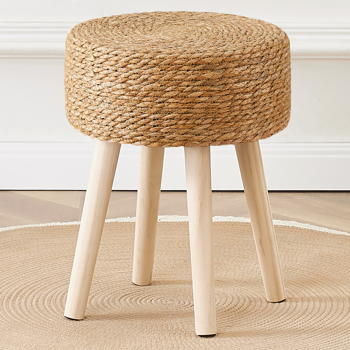 Round Ottoman Footstool Natural Seagrass Foot Stool Pouf Ottomans with Solid Wood Legs Hand Weave Hyacinth Footrest Step Stool for Living Room Balcony Garden Natural Seagrass