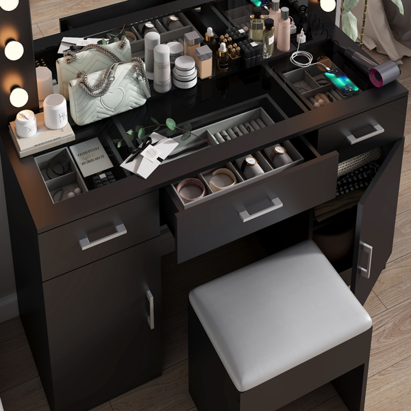 Vanity Desk Set with Large Lighted Mirror and Powre Outlet, Glass Top Makeup Vanity with 3 Drawers and 2 Cabinets, Vanity Table with 12 LED Lights, 3 Lighting Color Adjustable, Black