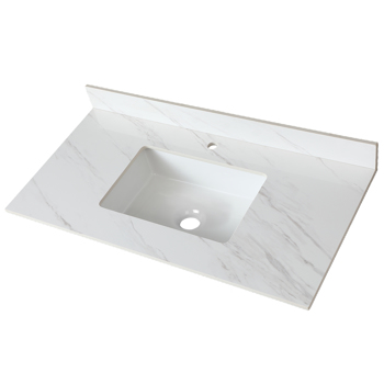 43 Inch Marble Vanity Top, White Vanity Top with Pre-drilled Faucet Holes, Bathroom Vanity Top with Undermount Rectangular Middle Sink and 4\\" Height Backsplash Single Hole