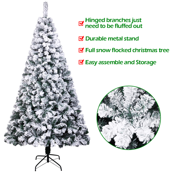 8 FT Snow Flocked Hinged Christmas Tree, Unlit Artificial Christmas Pine Tree with 1300 Branch Tips and Sturdy Metal Stand, Snowy Green