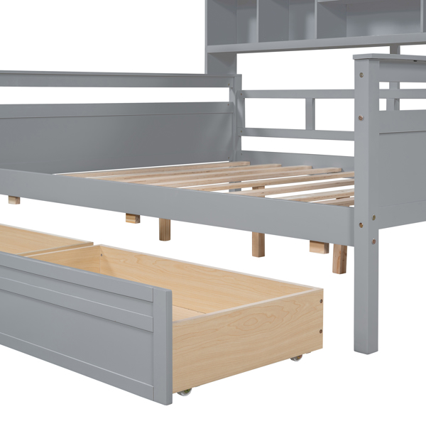 Full size Daybed, Wood Slat Support, with Bedside Shelf and Two Drawers, Gray