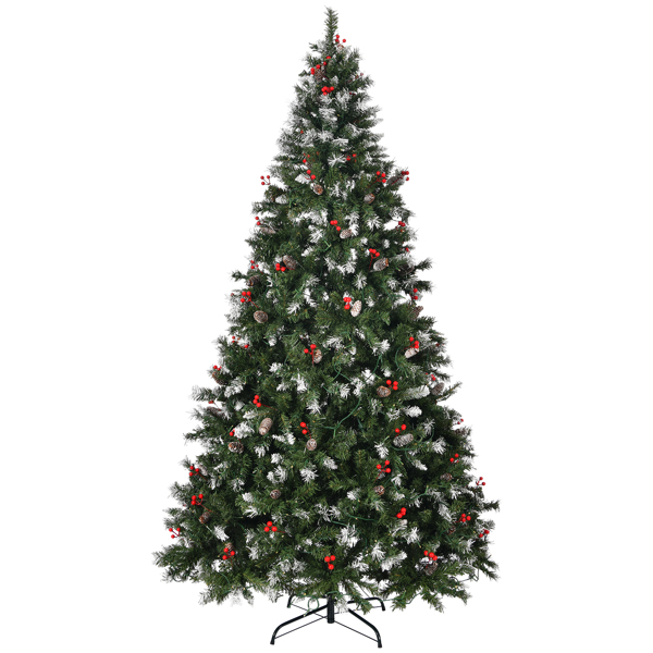 7.5 FT Pre-lit Artificial Snow Tipped Christmas Tree, Hinged Xmas Pine Tree with 1368 Branch Tips, 89 Pine Cones, 267 Berries and 560 Warm Lights for Holiday Party Office Home, Green & Snow Tipped