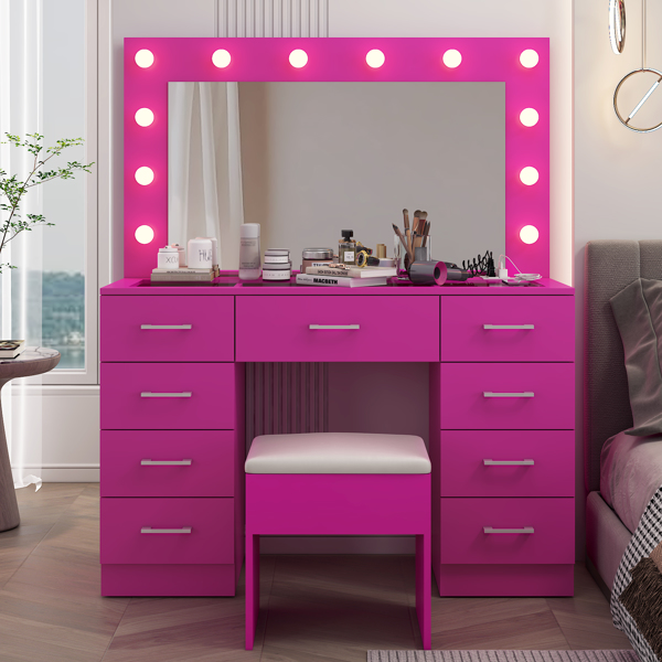 Vanity Desk Set with Large Lighted Mirror and Powre Outlet, Glass Top Makeup Vanity with 9 Drawers, Vanity Table with 12 LED Lights, 3 Lighting Color Adjustable, Pink