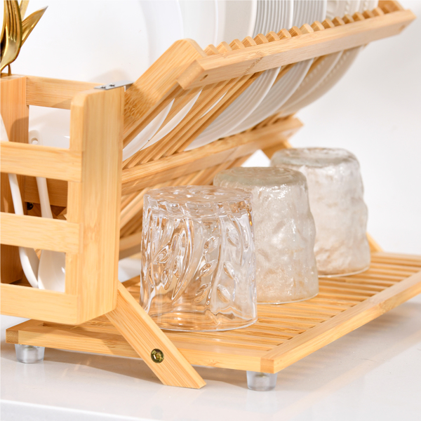 Bamboo Dish Rack, 3-Tier Foldable Wood Dish Drying Rack for Kitchen Counter – Space-Saving Organizer with Utensil Holder, Perfect for Small Kitchens and Apartments