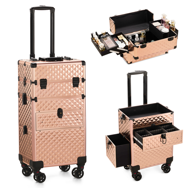 FCH 2-in-1 Front Drawer with Slide Rails, Flat Left Drawer, Detachable Universal Wheels, Aluminum, Diamond Pattern, Champagne Gold, Cosmetic Case 34*24*72.5cm