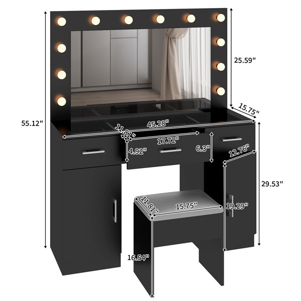 Vanity Desk Set with Large Lighted Mirror and Powre Outlet, Glass Top Makeup Vanity with 3 Drawers and 2 Cabinets, Vanity Table with 12 LED Lights, 3 Lighting Color Adjustable, Black