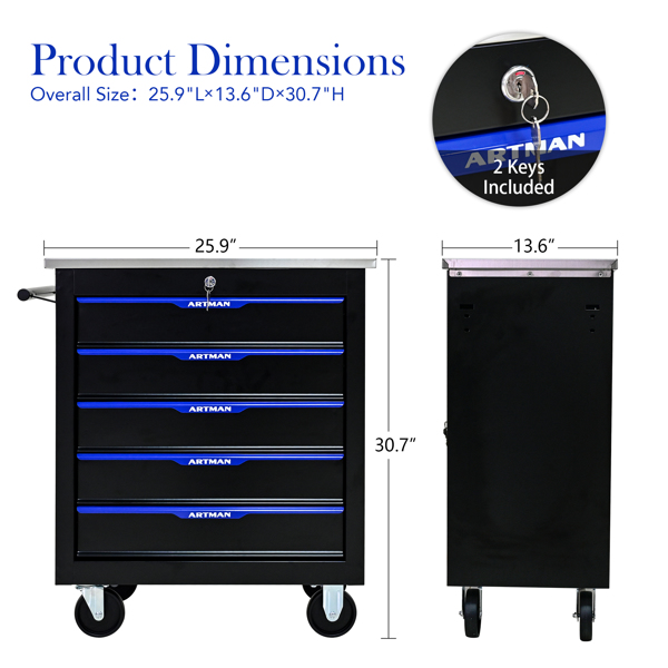 5 DRAWERS MULTIFUNCTIONAL TOOL CART WITH WHEELS-BLACK+BLUE