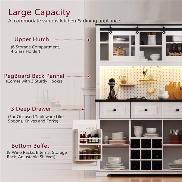 71" Farmhosue Pantry Bar Cabinet with Internal Storage Rack,Kitchen Cabinet with Hutch,Sliding Door,Power Outlet,Pegboard,Wine & Glasses Rack,3 Drawers,Rustic Coffee Bar Storage Cabinet,White Oak