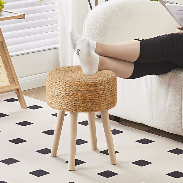 Round Ottoman Footstool Natural Seagrass Foot Stool Pouf Ottomans with Solid Wood Legs Hand Weave Hyacinth Footrest Step Stool for Living Room Balcony Garden Natural Seagrass