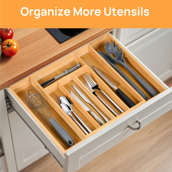 Expandable Bamboo Kitchen Drawer Organizer – Adjustable Cutlery Tray for Utensils, Silverware, and Flatware – 5 to 7 Slots Bamboo Drawer Divider for Kitchen Storage (Natural Wood)	