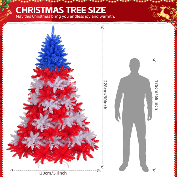 7.5 FT Patriotic Artificial Christmas Tree, Hinged Tree 4th of July Patriotic Decorations with 1308 Branch Tips and Sturdy Metal Stand, Red & White & Blue