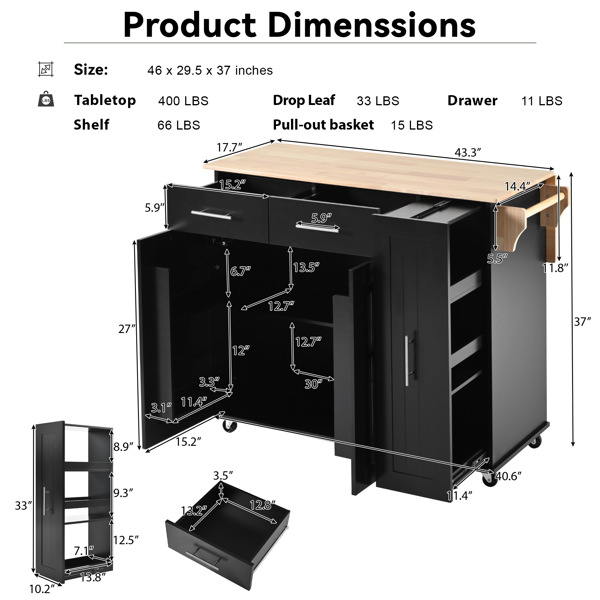 Kitchen Island with Drop Leaf, Kitchen Storage Cart with 3 Tier Pull Out Cabinet Organizer, Internal Storage Rack, Rolling Kitchen Cart on Wheels with Towel Rack, 2 Drawers, for Kitchen, Black