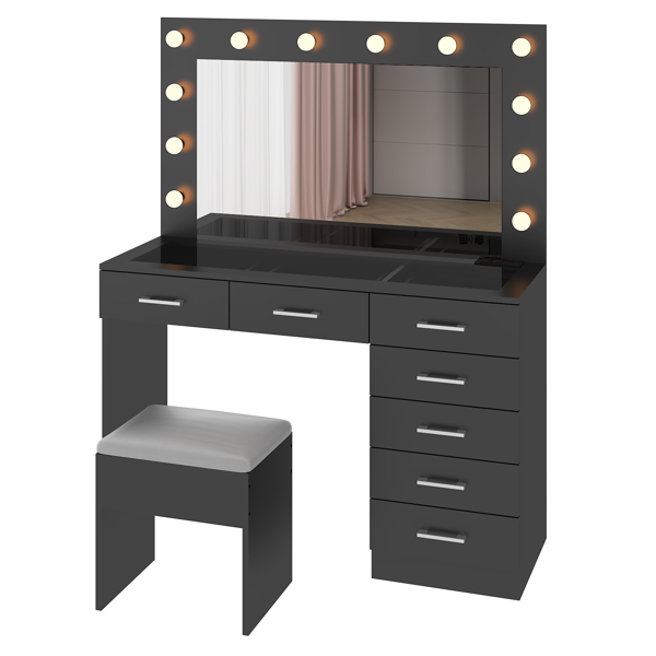 Vanity Desk Set with Large Lighted Mirror and Powre Outlet, Glass Top Makeup Vanity with 7 Drawers, Vanity Table with 12 LED Lights, 3 Lighting Color Adjustable, Black