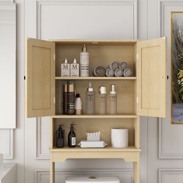 Over The Toilet Storage Cabinet, Bathroom Shelves Over Toilet with 2 Rattan Doors&Adjustable Shelves&Open Storage Shelf-Natural Wood 