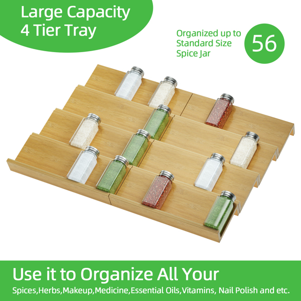 Bamboo spice rack drawer storage box, 10 spice storage cans organizer drawer rack plugin, 8-piece set, 126 labels, 1 funnel, drawer spice rack storage box, kitchen, L26 W18.9