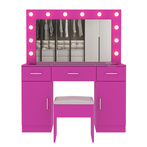 Vanity Desk Set with Large Lighted Mirror and Powre Outlet, Glass Top Makeup Vanity with 3 Drawers and 2 Cabinets, Vanity Table with 12 LED Lights, 3 Lighting Color Adjustable, Pink