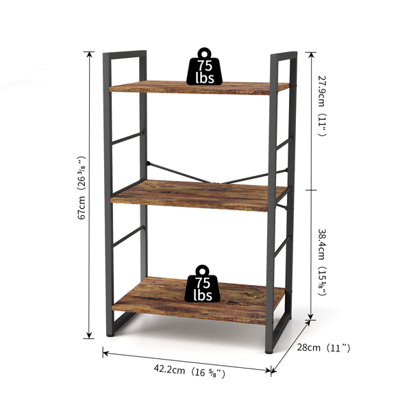 Small Bookshelf 3-Tier Bookcase, Metal Bookshelf for Study, Bedroom, Living Room and Kitchen, Height Adjustable (Brown)