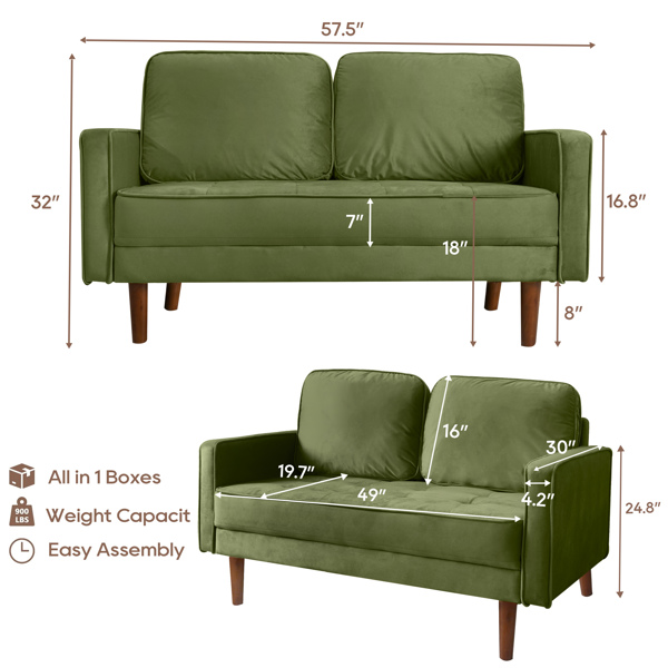 57.5" Velvet Square Arm Apartment Loveseat Pull-Down Sofa