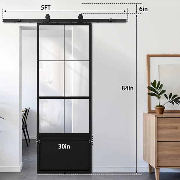 30 in.  x 84 in.     Glass Sliding Barn Door with  5FT Barn Door Hardware Kit & Soft Close Mechanism，Interior Clear Glass Black Steel Frame，Requires Simple DIY Assembly