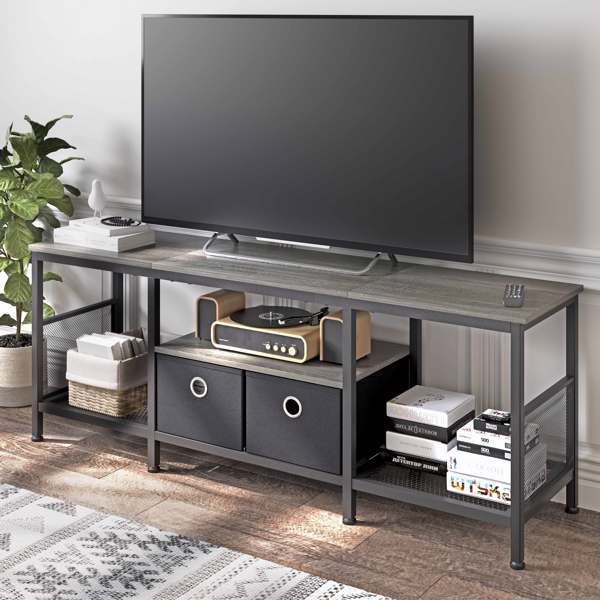 55 inch TV Stand for Living Room, Entertainment Center with Fabric Drawers Storage, Television Media Console Table with Soundbar Shelf for Living Room, Bedroom, Grey