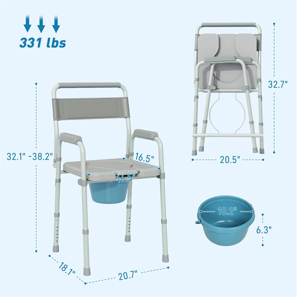 Grey multi-functional portable toilet chair with adjustable height